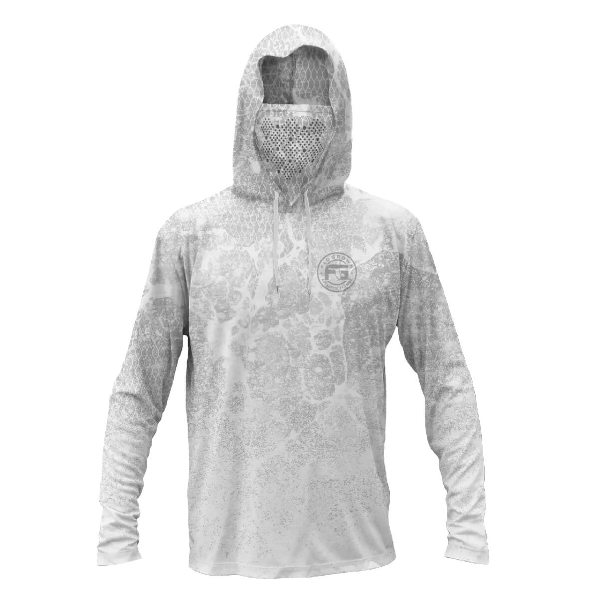 Front view showing a hood and perforated mask.