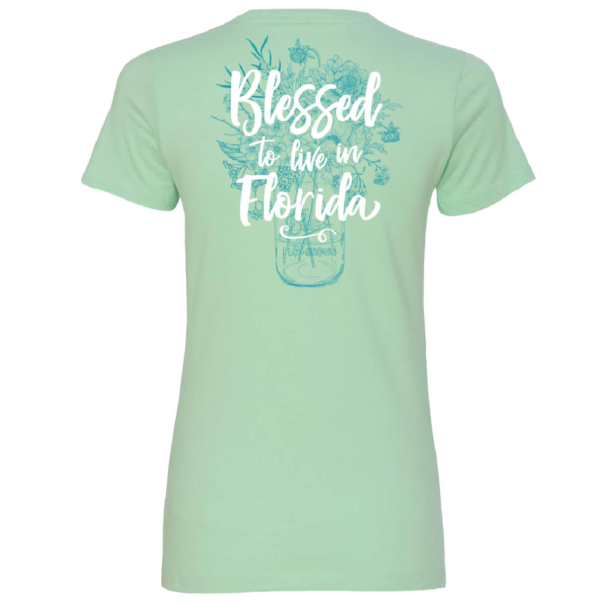 Light green t-shirt with 'Blessed to live in Florida' text on the back.