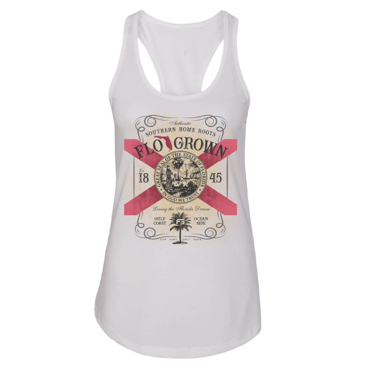 White tank top with a graphic of a whiskey label with a Florida flag in the center.