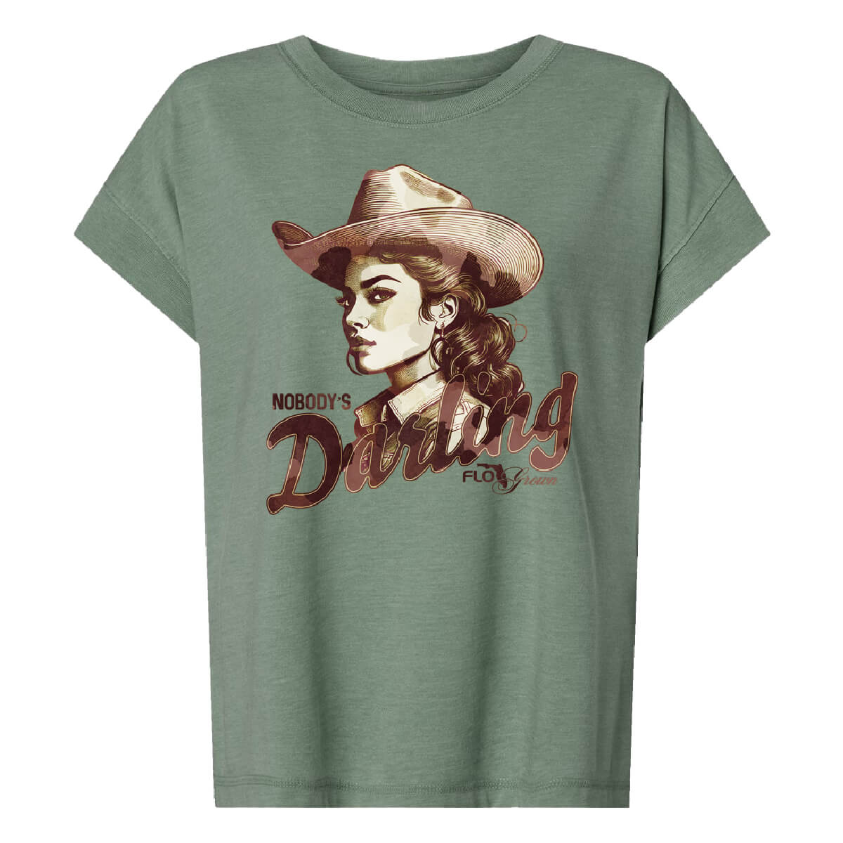 Green t-shirt with a graphic of a woman in a cowboy hat and the text 'Nobody's Darling'.