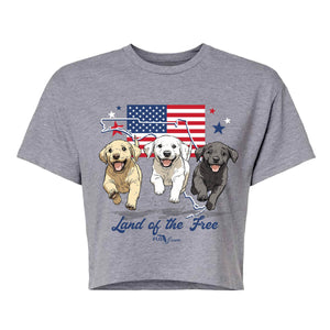 Gray crop top with a graphic of puppies running and an outline of Florida with a USA flag in the background.