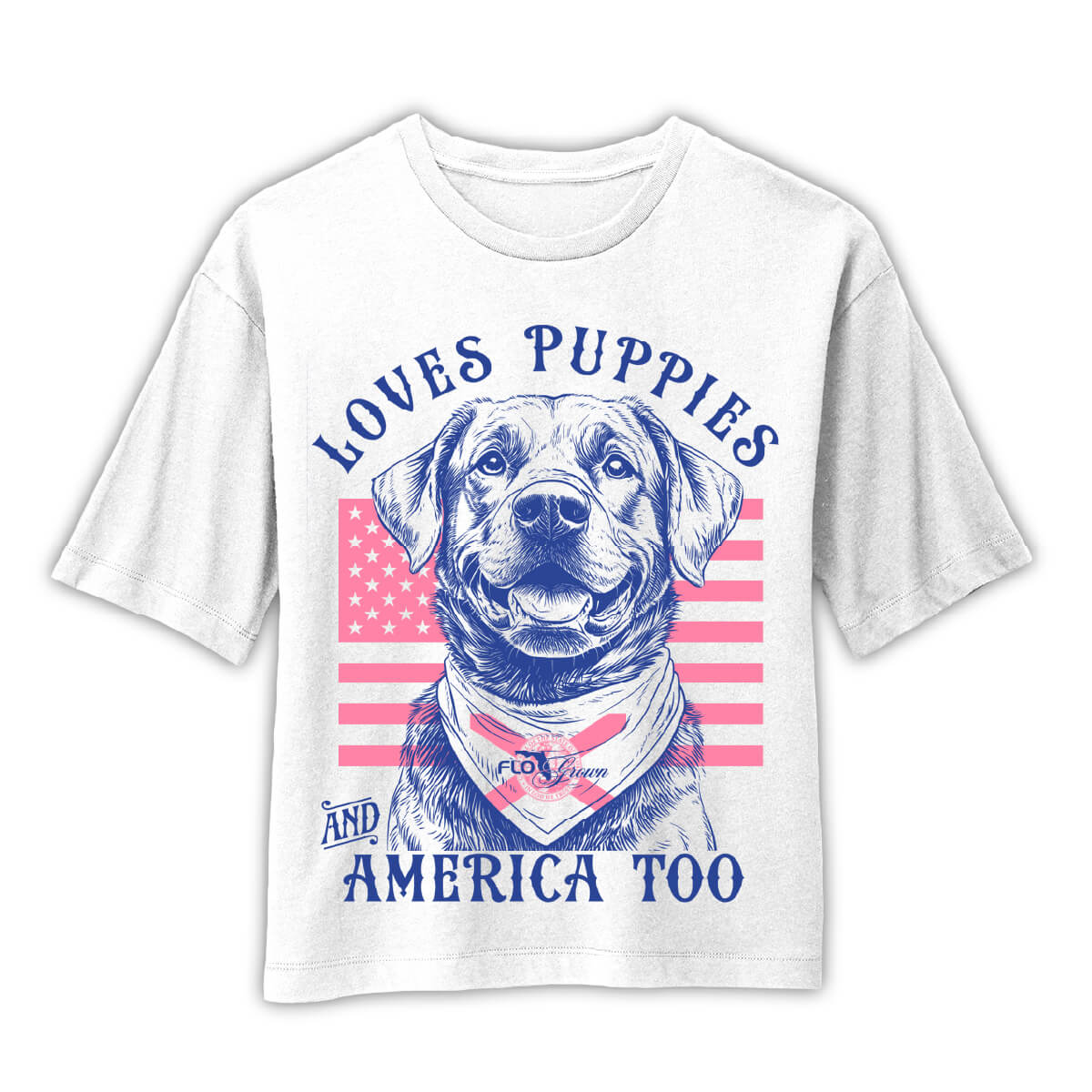White tee with a dog wearing a bandana with the Florida flag on it and the USA flag in the background.