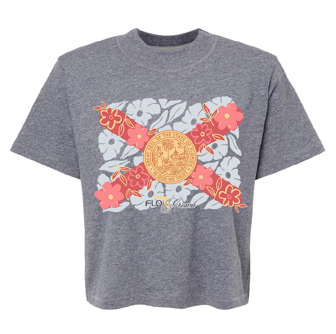 Heathered gray womens tee with a graphic of the Florida flag made up of different flowers.