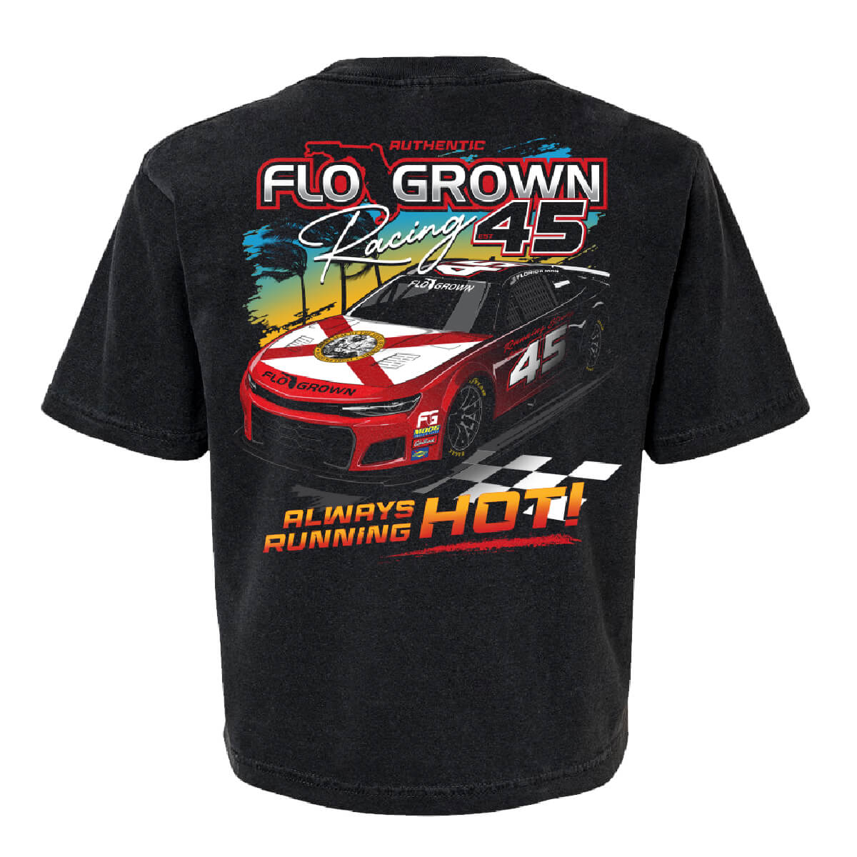 Black t-shirt with racing car graphic and text 'RACING 45 - ALWAYS RUNNING HOT'.