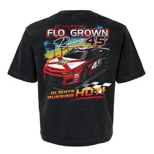 Black t-shirt with racing car graphic and text 'RACING 45 - ALWAYS RUNNING HOT'.