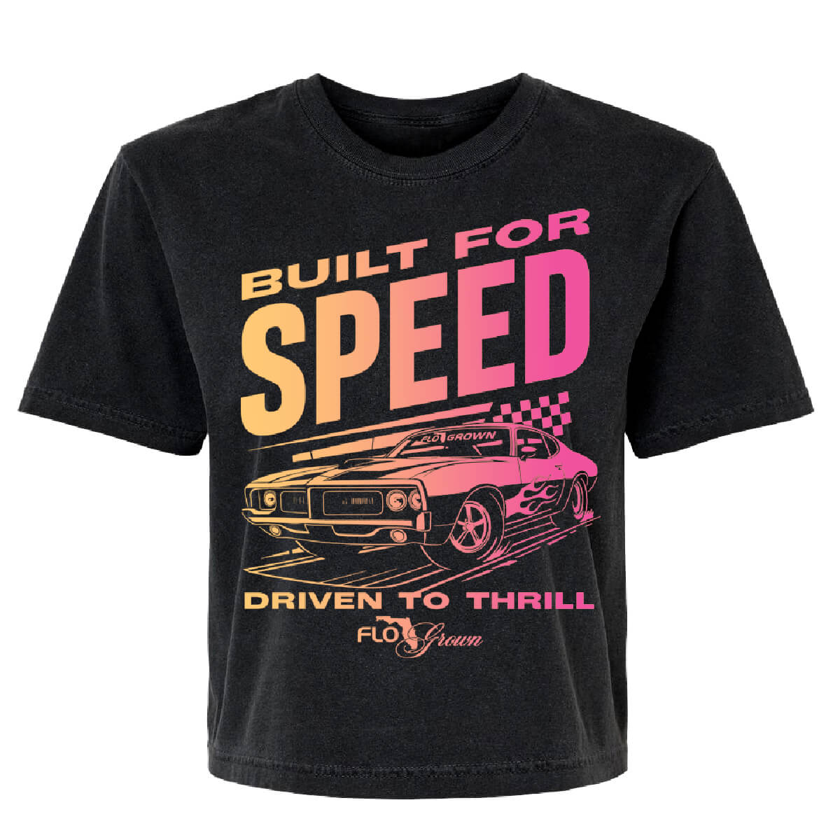 Black womens tee with a vintage racing graphic of a car with the text 'BUILT FOR SPEED'.
