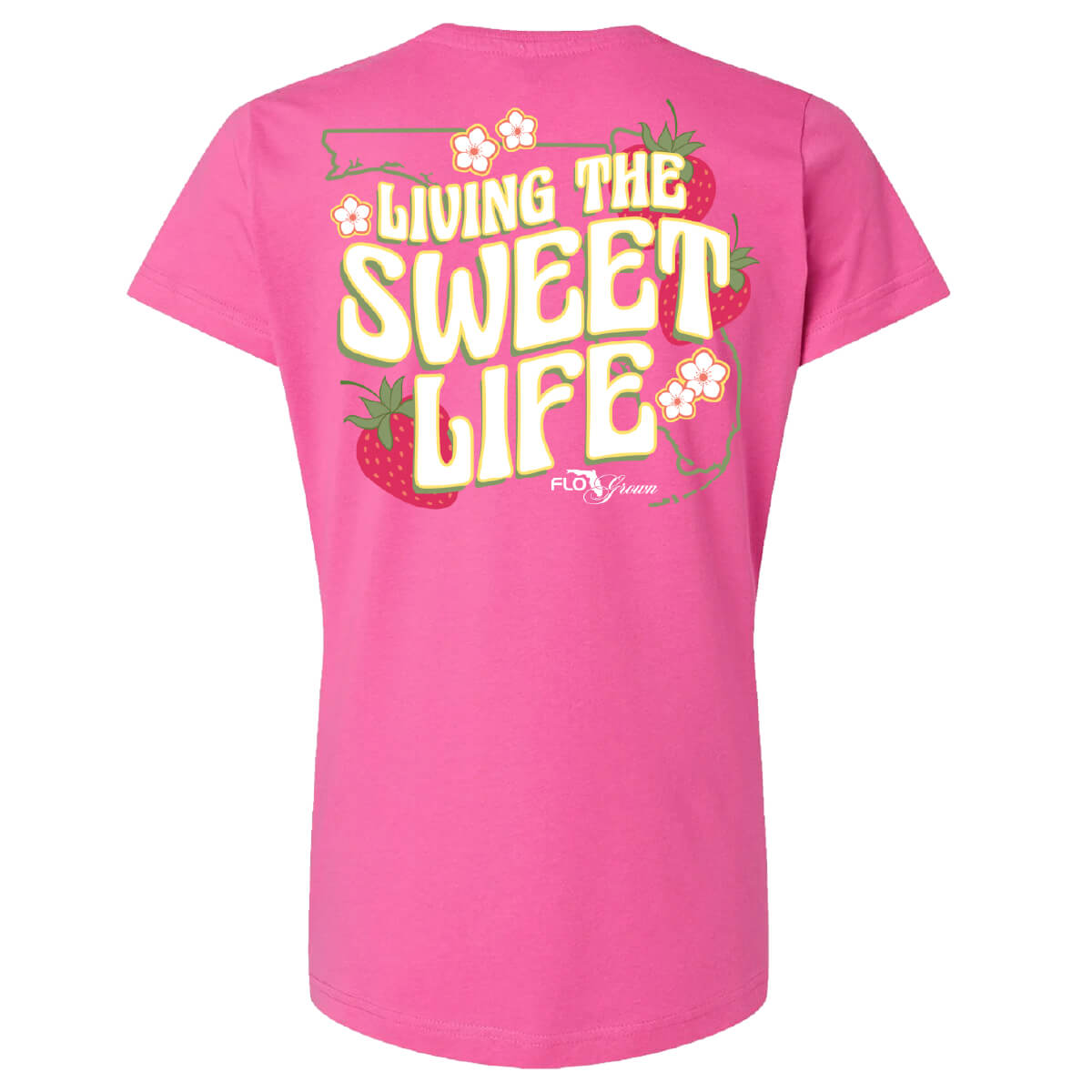 Pink womens tee with retro text 'LIVING THE SWEET LIFE' and graphics of strawberries.
