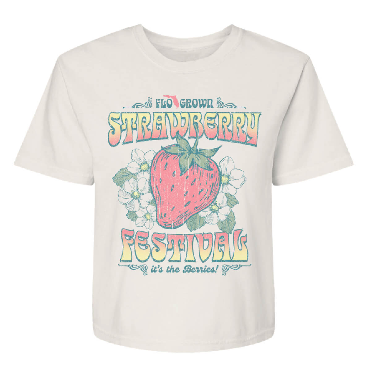 Off-white women's tee with a vintage graphic of a strawberry and flowers with the text 'STRAWBERRY FESTIVAL' on the front.