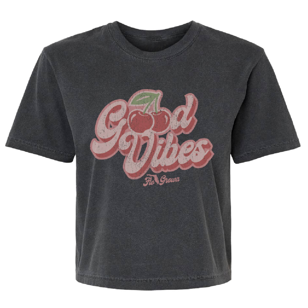 Heathered gray women's tee with a retro graphic on the front with the text 'Good Vibes' with cherries.