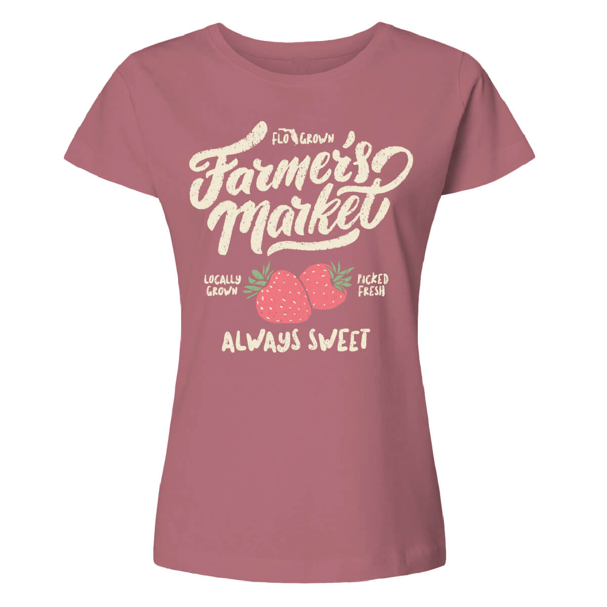 Maroon shirt with the text 'FLOGROWN FARMER'S MARKET' on the front and two strawberries.