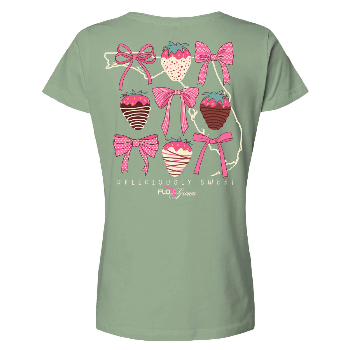 Green womens tee with a 3x3 graphic of bows and chocolate covered strawberries over the outline of Florida.