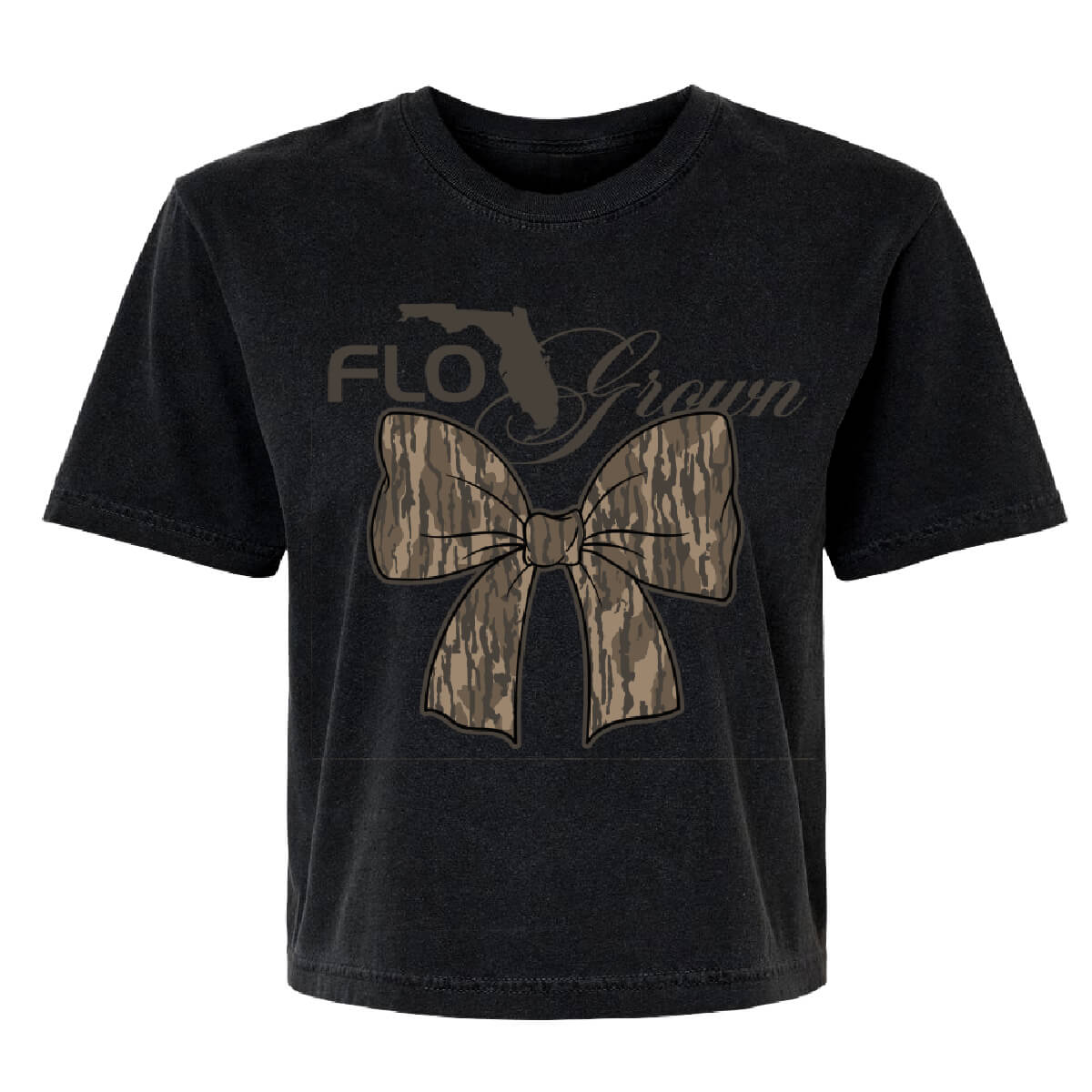 Black womens tee with a graphic of a bow with a camo pattern and the FloGrown logo on the front.