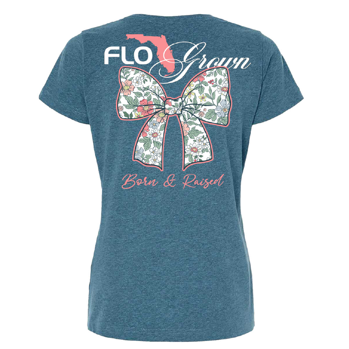 Heather blue womens tee with a graphic on the back of a bow with a floral print within it and the text 'Born & Raised' with the FloGrown logo at the top.