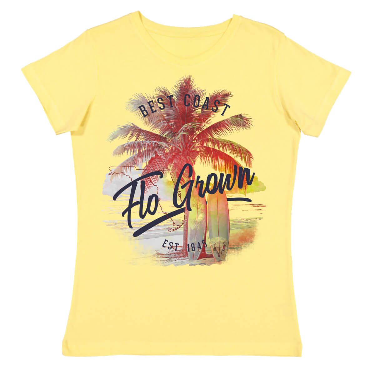 Yellow shirt with a graphic of a palm tree on the beach and two surfboards leaning against it.