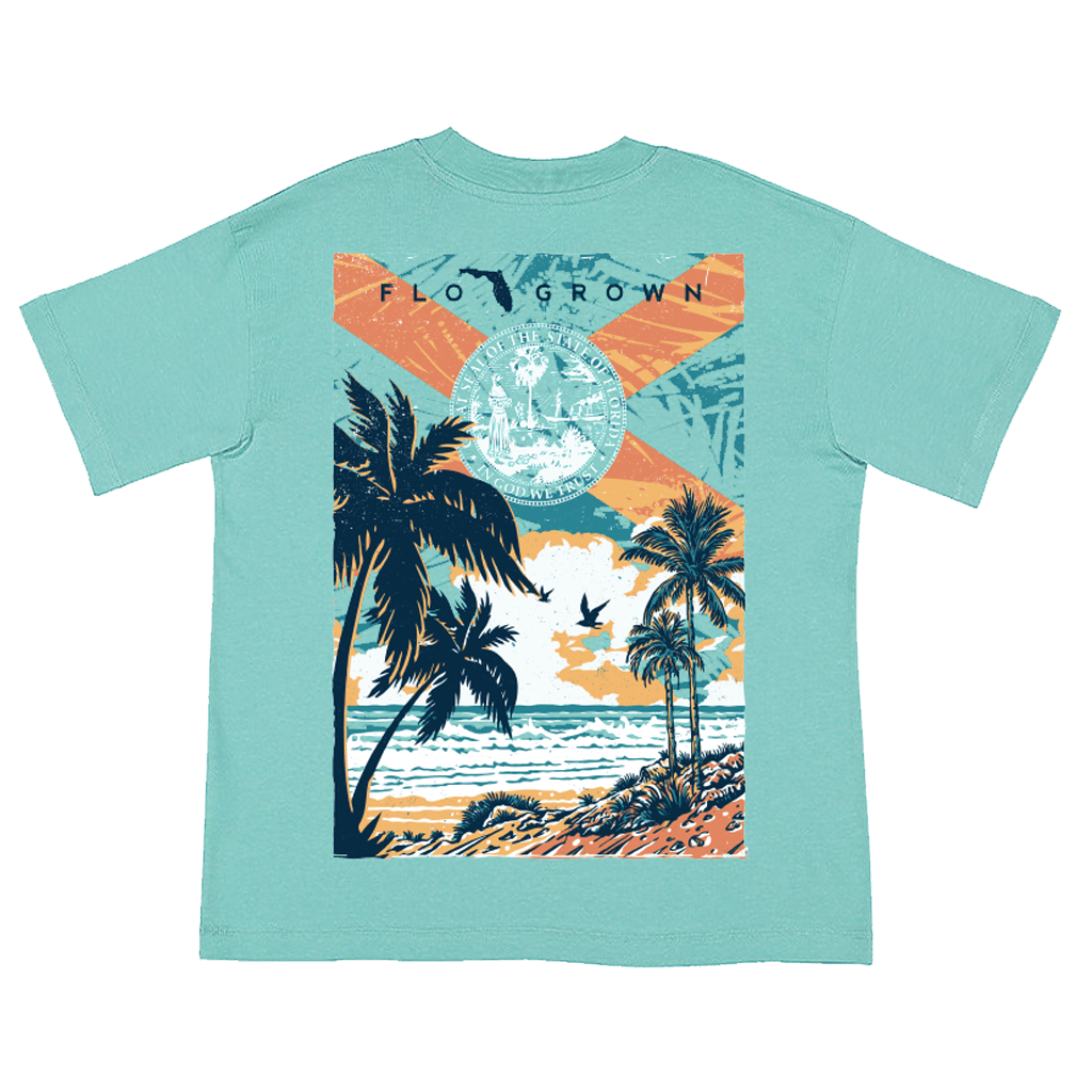 Teal womens tee with a graphic of a beach sunset and the Florida flag.