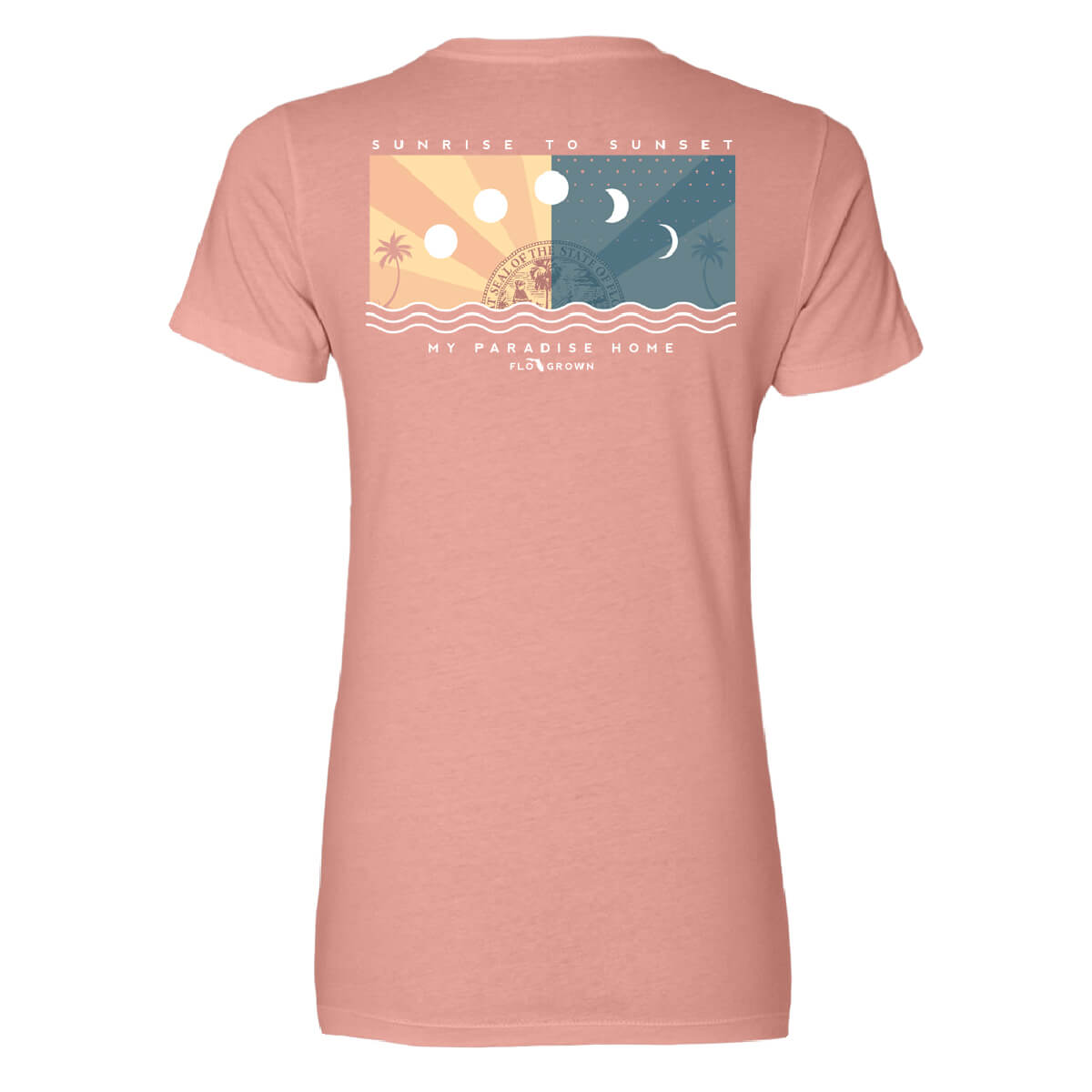 Pink t-shirt with a graphic of a sunrise and sunset on the back with a Florida flag design.
