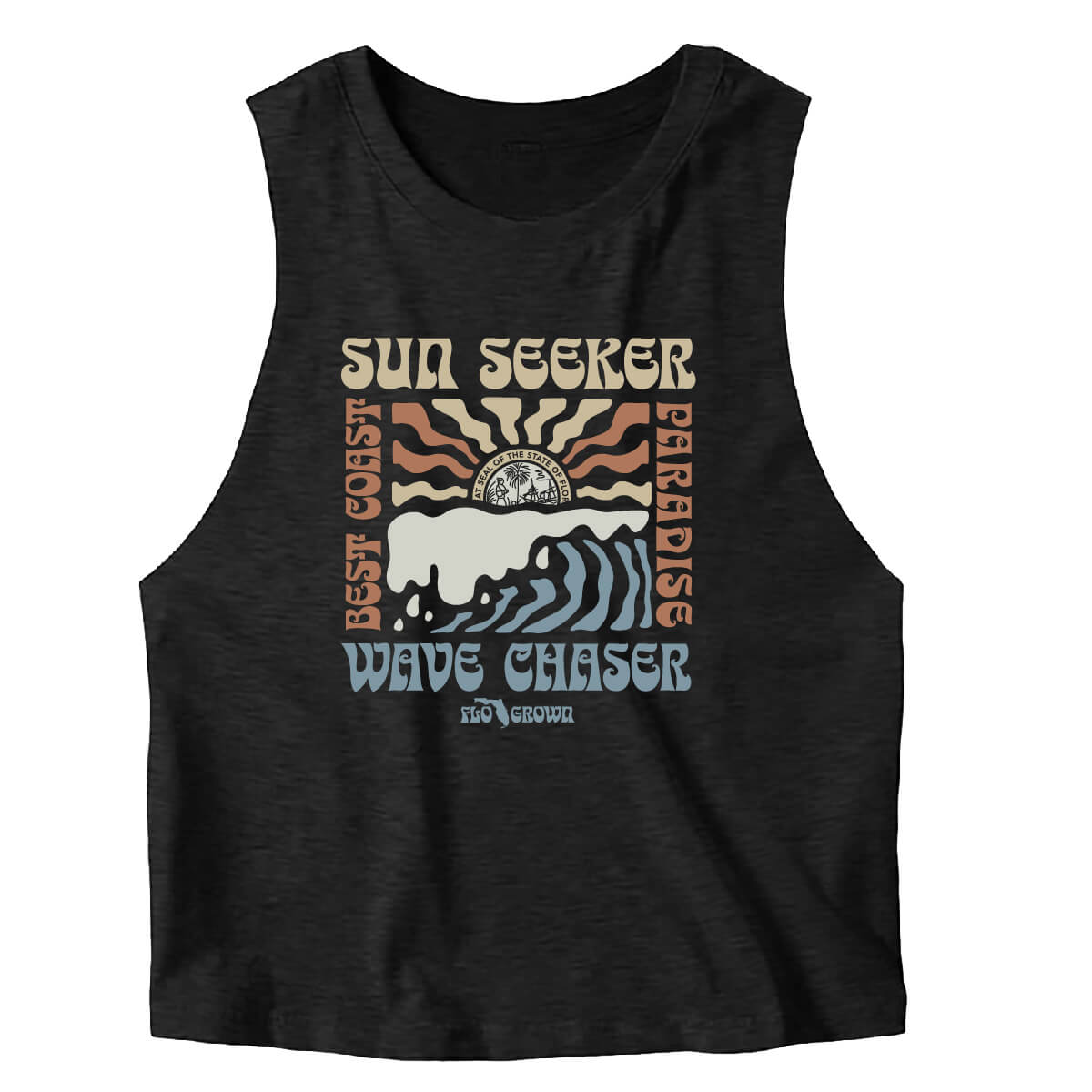 Black women's tank top with a retro graphic of the Florida flag over a crashing wave.