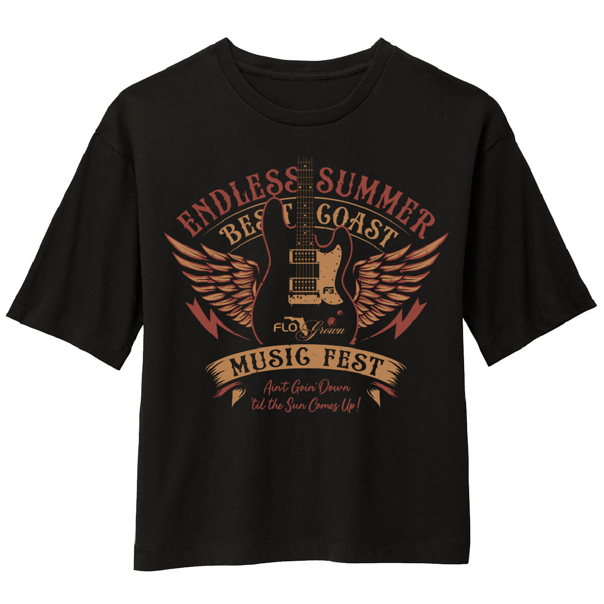 Black women's tee with a guitar with wings and text 'ENDLESS SUMMER BEST COAST MUSIC FEST'.