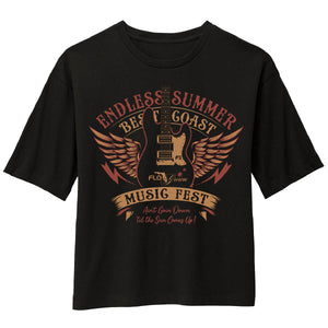 Black women's tee with a guitar with wings and text 'ENDLESS SUMMER BEST COAST MUSIC FEST'.