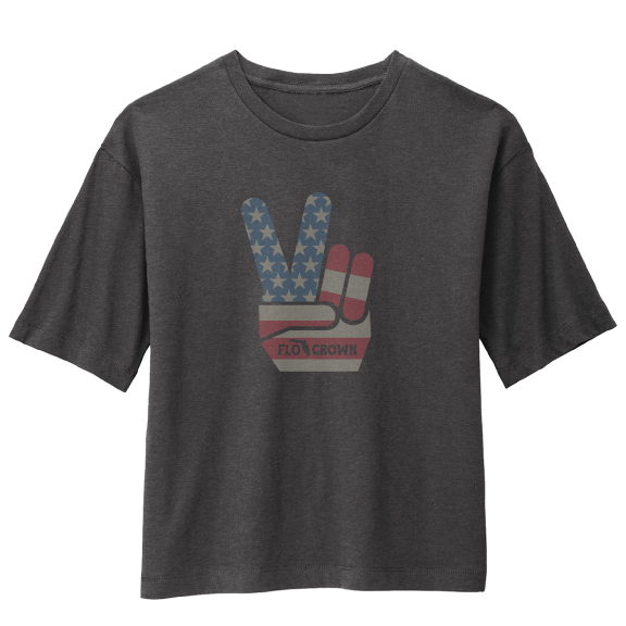 Dark gray t-shirt with a peace sign design featuring the American flag.