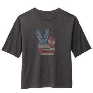 Dark gray t-shirt with a peace sign design featuring the American flag.