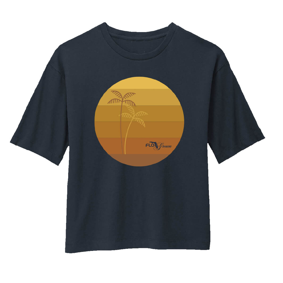 Navy tee with a geometric graphic of a sunset and palm trees on the front with the FloGrown logo.