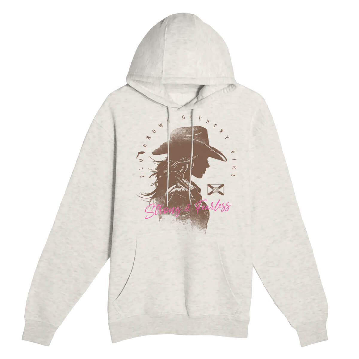 White hoodie with a graphic of a cowgirl on the frotn and the text 'Strong & Fearless'.