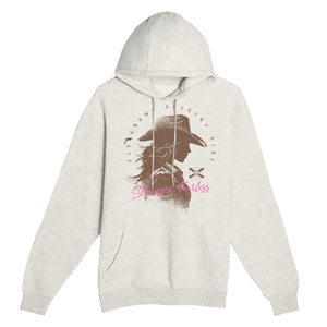 White hoodie with a graphic of a cowgirl on the frotn and the text 'Strong & Fearless'.