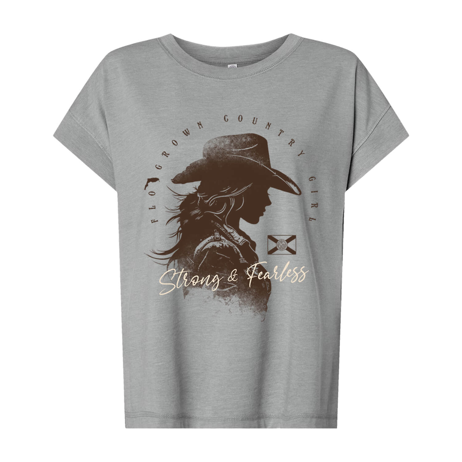 Gray t-shirt with a graphic of a woman in a cowboy hat and text and text 'Strong & Fearless'.