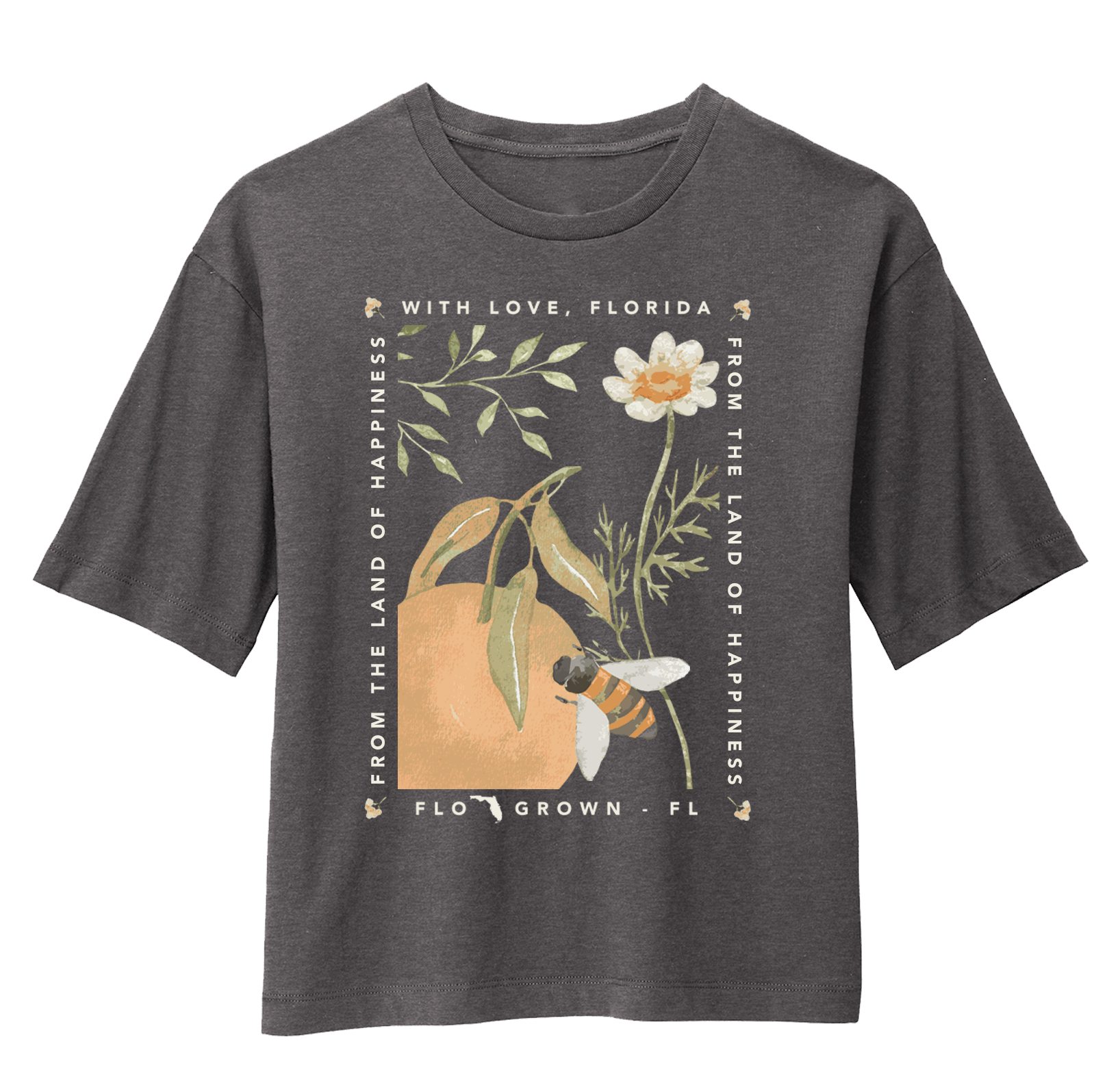 Dark gray women's tee with a graphic of a bee and an orange next to a wildflower.