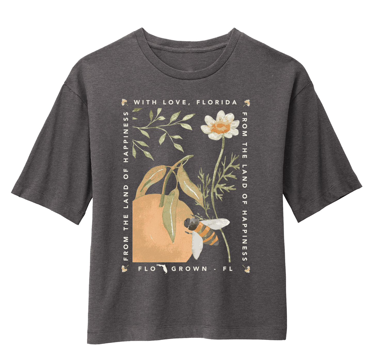 Dark gray women's tee with a graphic of a bee and an orange next to a wildflower.