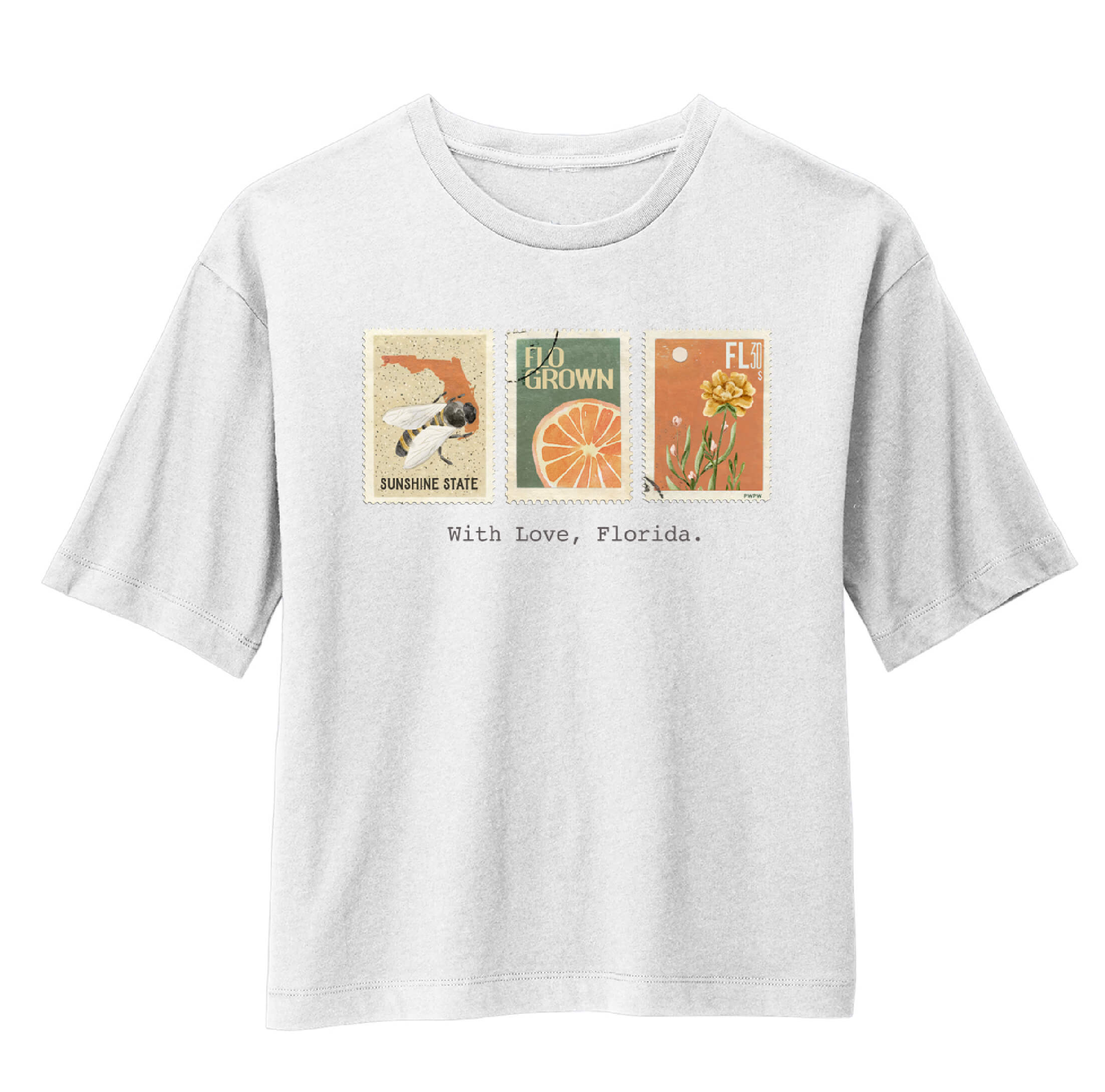 White crop top with panels of postal stamps with a bee, an orange, and a wildflower on the front.