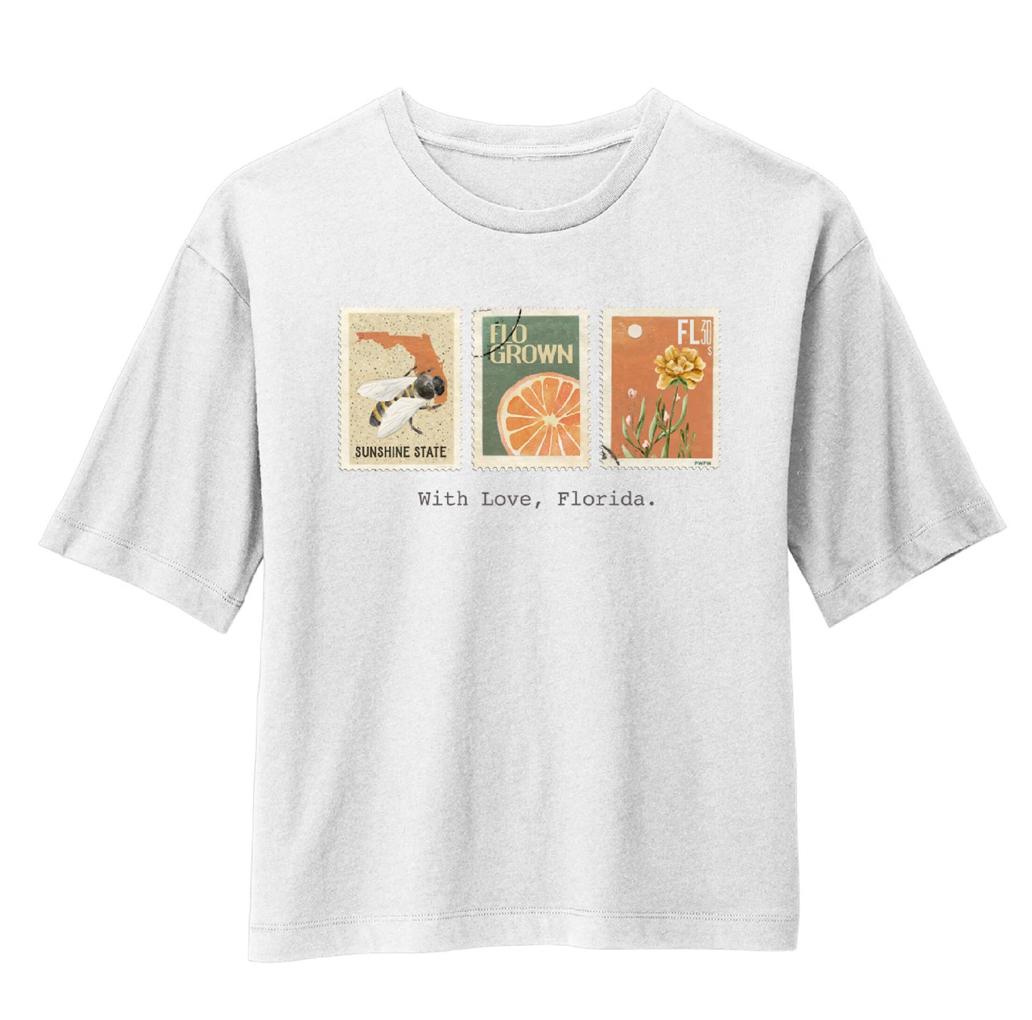 White crop top with panels of postal stamps with a bee, an orange, and a wildflower on the front.