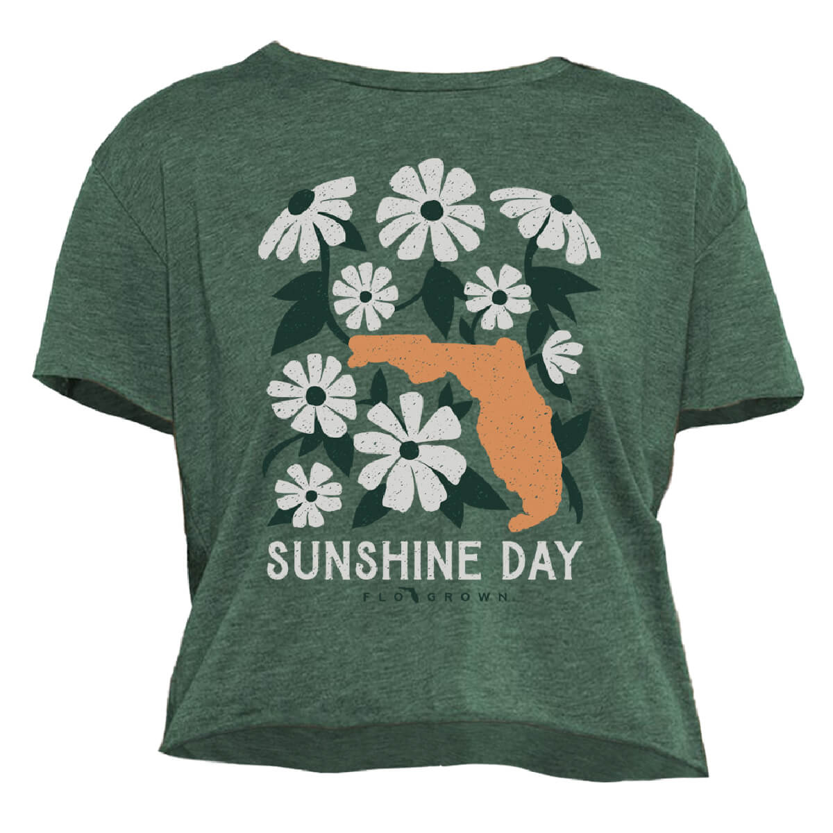 Green crop top with flowers and the state of Florida with text 'SUNSHINE DAY'.