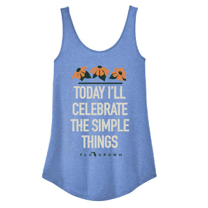 Blue women's tank top with flowers and text 'TODAY I'LL CELEBRATE THE SIMPLE THINGS' on the front.