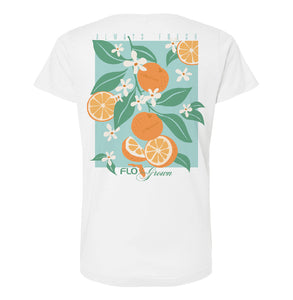 White t-shirt with orange and floral design on the back.