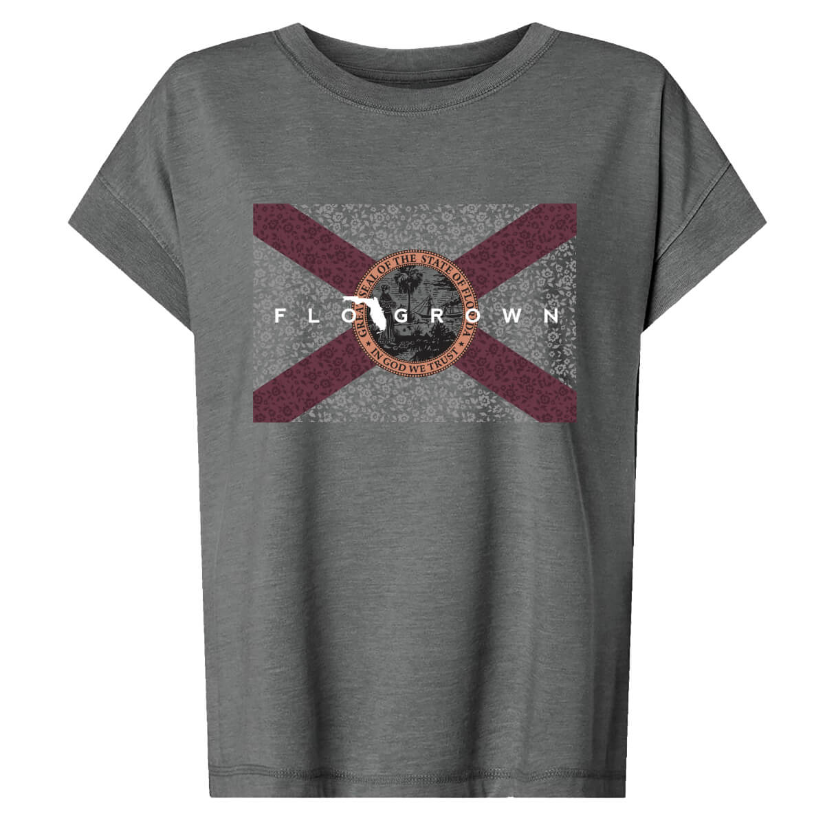 Gray t-shirt with Florida flag graphic with floral print.