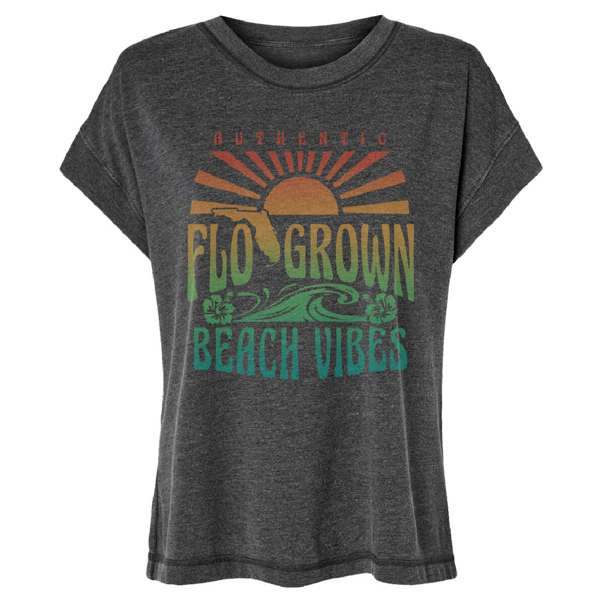 Gray t-shirt with 'Flor Grown Beach Vibes' text with retro colors and a wave design.