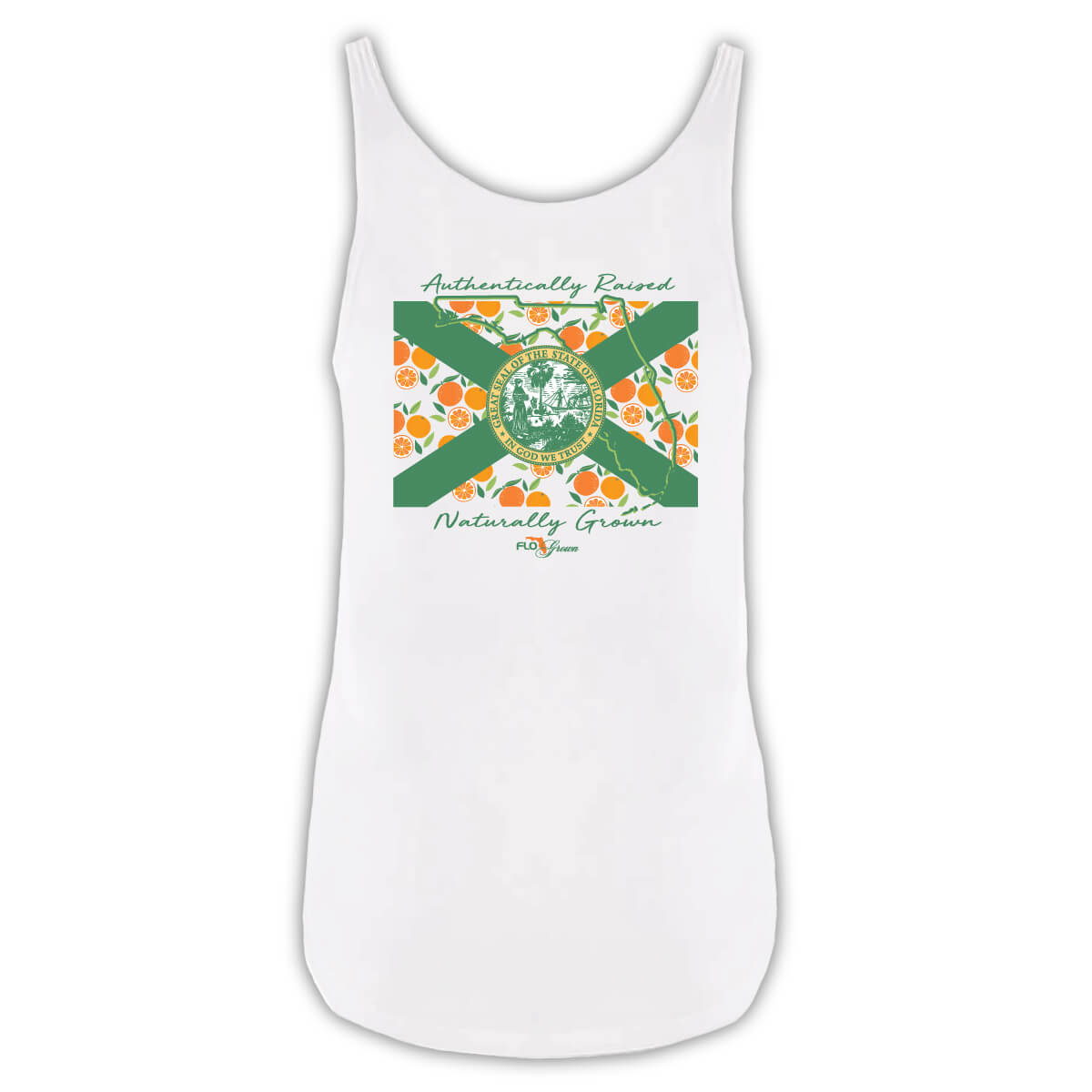 White tank top featuring the Florida flag in green with oranges in the background and an outline of the state of Florida.