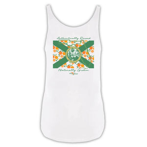 White tank top featuring the Florida flag in green with oranges in the background and an outline of the state of Florida.