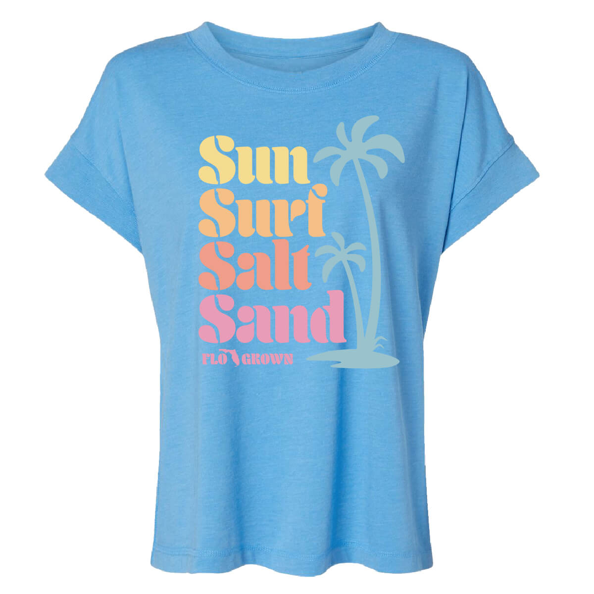 Blue t-shirt with 'Sun Surf Salt Sand' text and palm tree graphic on the front.
