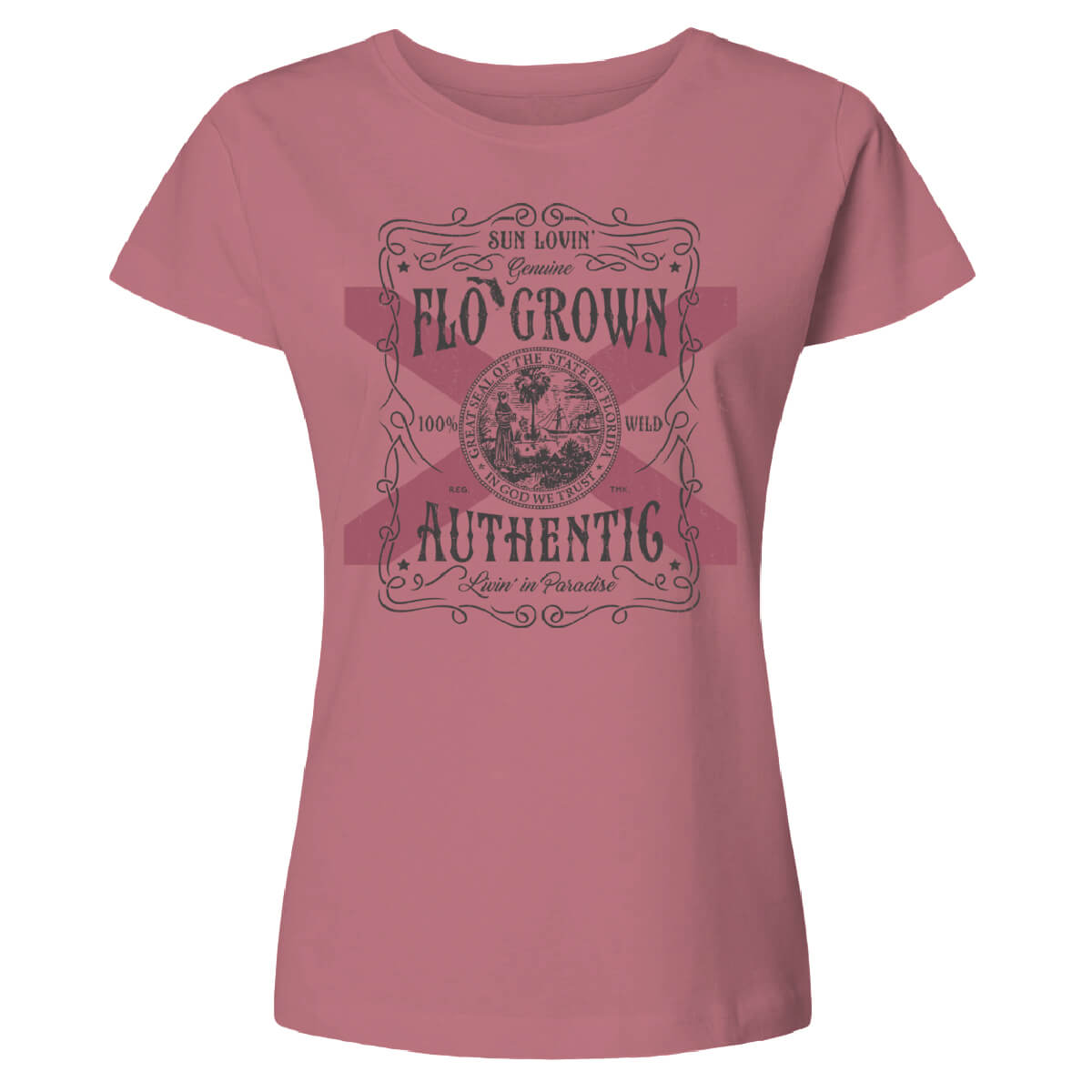 Pink shirt with a graphic of a whiskey label on the front with the Florida flag in the center.