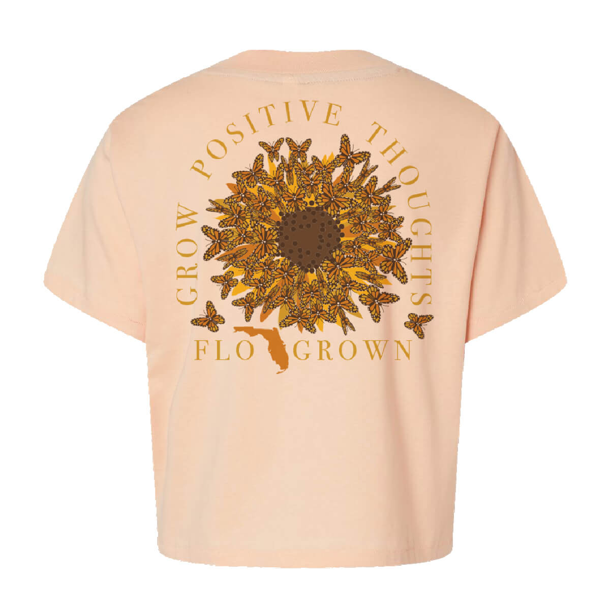 Tan womens tee with a graphic of butterflies in the shape of a sunflower and text 'GROW POSITIVE THOUGHTS'.
