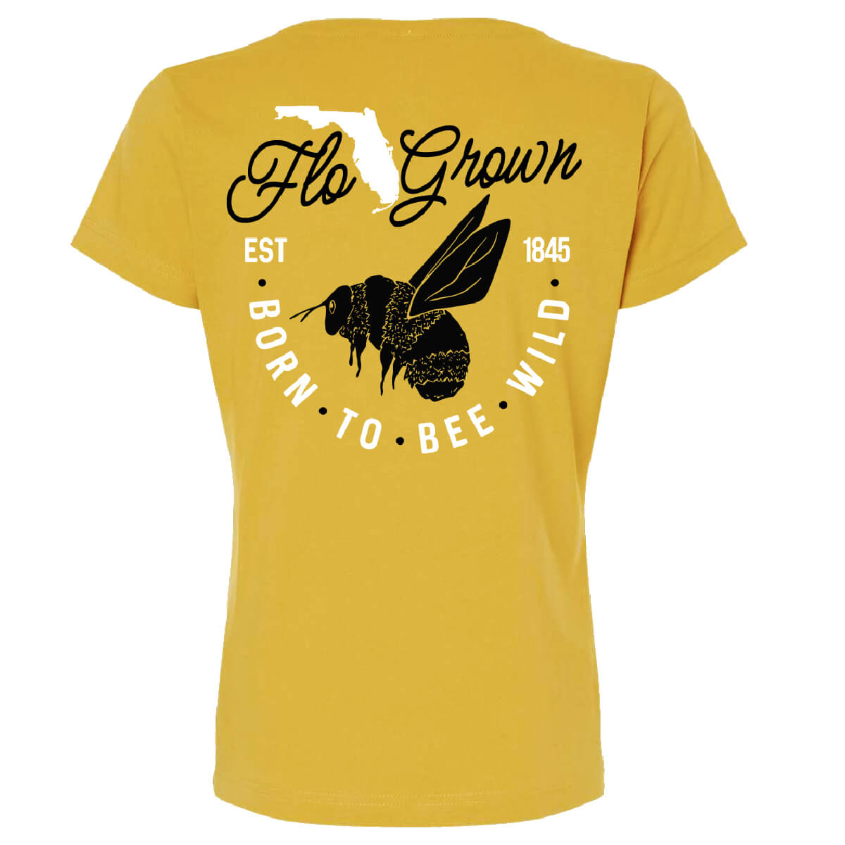 Yellow women's t-shirt with bee graphic and text 'BORN TO BEE WILD' on the back.