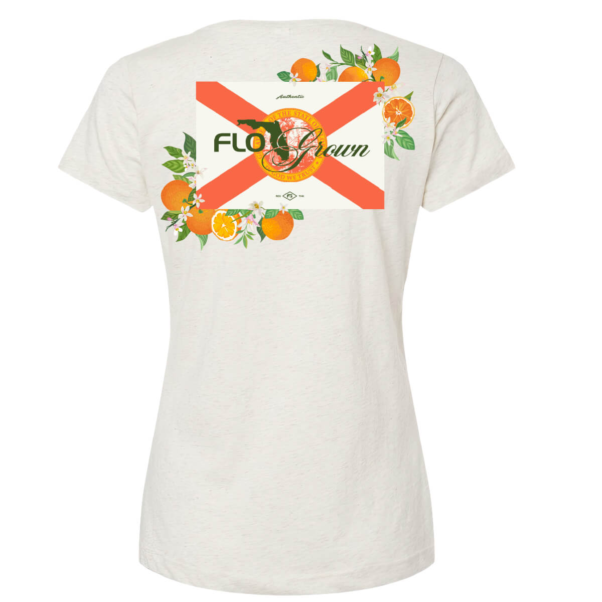 White women's tee with the Florida flag and oranges on the back.