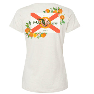 White women's tee with the Florida flag and oranges on the back.