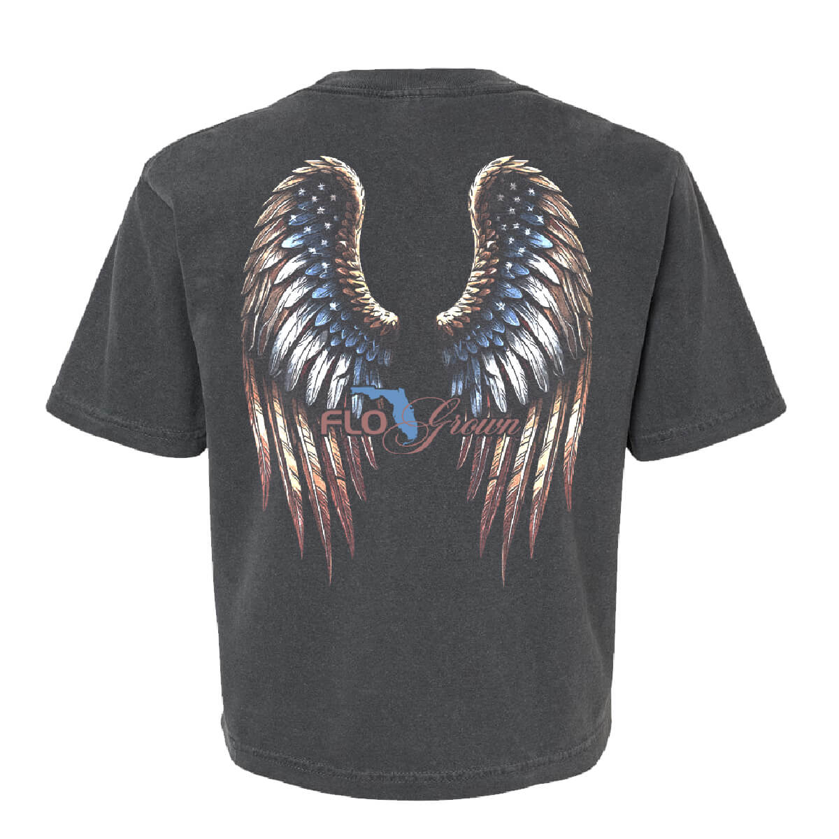 Black shirt with angel wings on the back in red, white, and blue colors.
