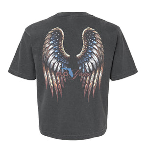 Black shirt with angel wings on the back in red, white, and blue colors.
