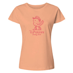 Peach-colored t-shirt with a graphic of a chick and text 'FLOGROWN COUNTRY CHICK'.