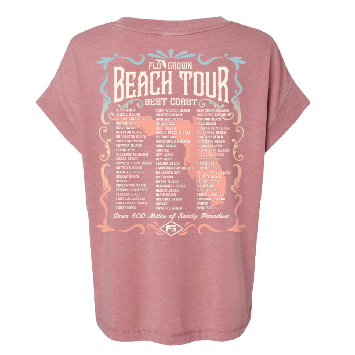 Back view featuring a poster graphic with all of the beaches listed and text 'BEACH TOUR'.